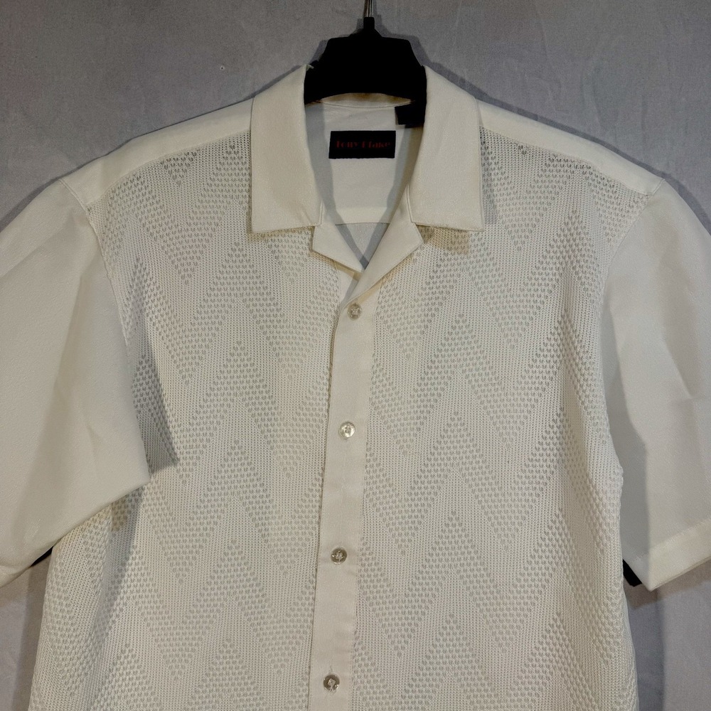 Tony Blake Short Sleeve Button Shirt Men's L White Chevron Knit Summer Vacation